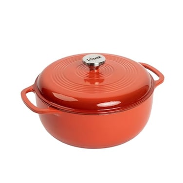 Lodge Essential Enamel Cast Iron Dutch Oven 6 Quarts Perfect for Bread Baking Braising Marinating Slow Cooking Features MoistureSealing Lid Dual Handles Kitchen Essentials Poppy