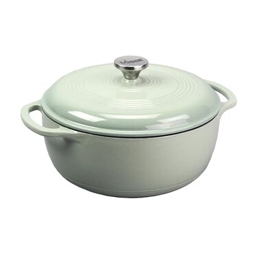 Lodge Essential Enamel Cast Iron Dutch Oven 6 Quarts Perfect for Bread Baking Braising Marinating Slow Cooking Features MoistureSealing Lid Dual Handles Kitchen Essentials Desert Sage