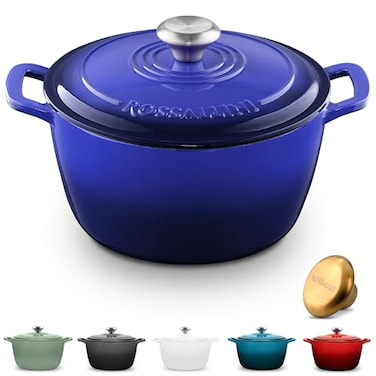 ROSSALLINI Signature Enameled Cast Iron Dutch Oven NonStick Serving Pot with Tight Fitting Lid for Perfect Roasting Baking Sauteing and Bread Making 45Q 42L Indigo Blue
