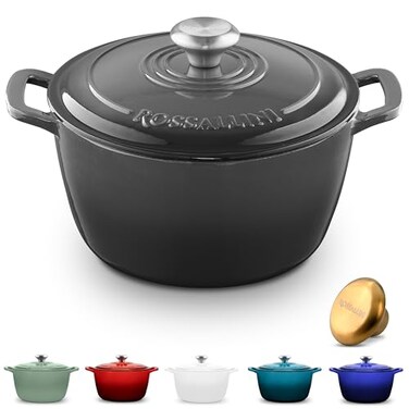 ROSSALLINI Signature Enameled Cast Iron Dutch Oven NonStick Serving Pot with Tight Fitting Lid for Perfect Roasting Baking Sauteing and Bread Making 45Q 42L Oyster Grey