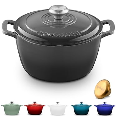 ROSSALLINI Signature Enameled Cast Iron Dutch Oven NonStick Serving Pot with Tight Fitting Lid for Perfect Roasting Baking Sauteing and Bread Making 55Q 52L Oyster Grey