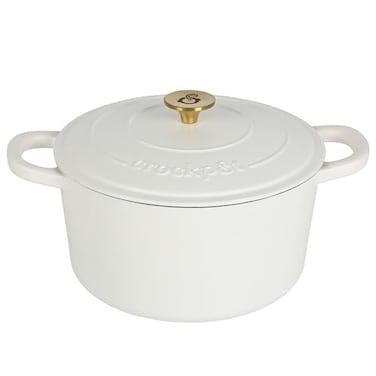 Crock-Pot CrockPot Artisan 5Quart Round Dutch Oven Matte Linen White with Gold Knob Enameled Cast Iron Cookware