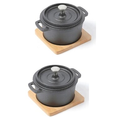 HAWOK Cast Iron Sauce pan with Lid 270ml913oz108cups Mini Dutch Oven Black Set of 2