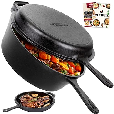 Overmont Cast Iron Skillet with Lid 2in1 Cast Iron Dutch Oven 32QT Deep Pot with Frying Pan Preseasoned Cookware Multi Cooker Skillet Dutch Oven Pot with Recipe for Grill Induction Stovetop Campin