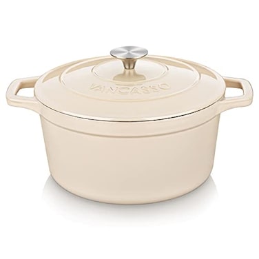 vancasso Cast Iron Dutch Oven 6 QT Round Pot with Lid and Dual Handles Non Stick Enamel Coating for Bread Baking White