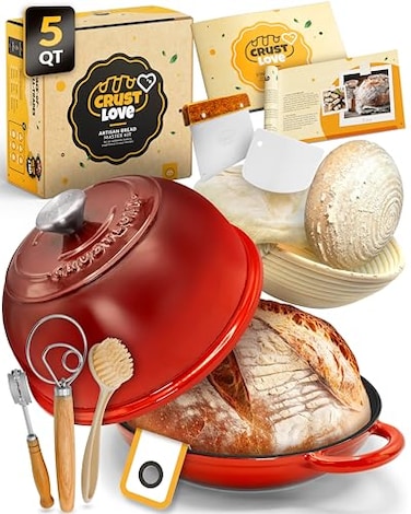 CRUSTLOVE Dutch Oven Bread Baking 5QT Enamel BreadOven incl Sourdough BreadBaking Suppliers like Dough Whisk Scoring Lame etc BreadDome Cast Iron BreadPan with Lid for Sour dough Breadmaking
