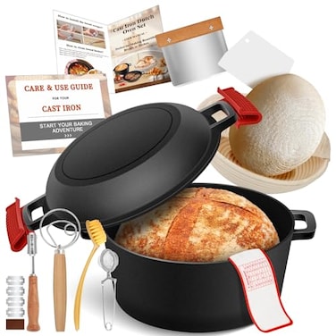 NZQXJXZ Cast Iron Dutch Oven for Bread Baking Banneton Bread Proofing Basket Sourdough Bread Baking Supplies 2in1 Dutch Oven Pot with Skillet Lid Cooking Pan Handles Lame 5QT