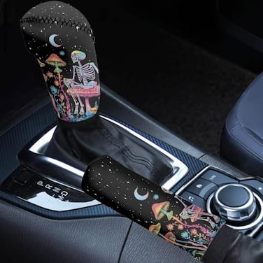 STUOARTE Skull Mushroom Moon Print Gear Shift Knob Cover Set with Handbrake Cover Stretchy Universal Car Accessory