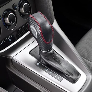 SUNBREATH Compatible with DIY Genuine Leather Carbon Fiber Texure Gear Shift Knob Cover Interior Accessories Protector for Ford Focus Mondeo Fusion Edge Autoamtic Shift Black with Red Stitches