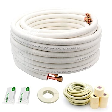 HANSUM 50ft Length Mini Split Line Set14 38 OD Copper Pipes Tubing and 38 White PE Thickened Insulated Coil with Flared Nuts for Mini Split Air Conditioner HVAC or Heat Pump System 50Ft1438