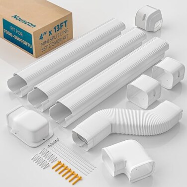 Nouscan 4 13Ft Mini Split Line Set Cover with Flexible Duct Long Duct Cover Kits Paintable Minisplit Lineset Cover Kit AC Line Hide for MiniSplit Air Conditioner Central AC HVAC White
