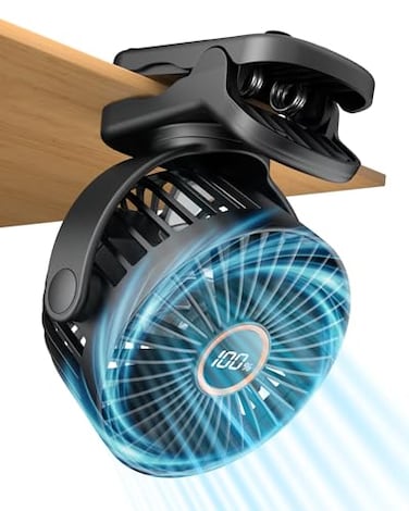 buywoo Portable Mini Personal Fan Small Rechargeable Battery Powered Stroller Fan for Desk Strong Clamp Grip 360 Rotation 3Speed LED Display Clip On Cooler for Bed Golf Cart Office Black