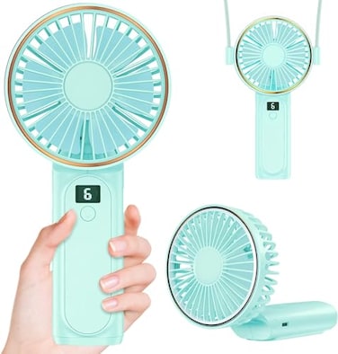 Peiyuu Portable Fan 4000mAh USB Rechargeable 180 Foldable Mini Desk Fan with 6 Wind Speed LCD Digital Display Lanyard as Neck Fan Ultra Quiet