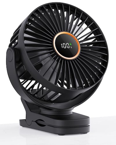 TUNISE Mini Clip on Fan Battery Operated Desk Fan Digital display3 Speeds Adjustable Bidirectional 360 Adjustable Super Strong Wind Portable Fan for Home Office Stroller Camping Black