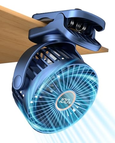 buywoo Portable Mini Personal Fan Small Rechargeable Battery Powered Stroller Fan for Desk Strong Clamp Grip 360 Rotation 3Speed LED Display Clip On Cooler for Bed Golf Cart Office Blue