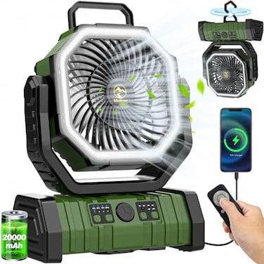 Multper 20000mAh Rechargeable Camping Fan AutoOscillating Portable Fan for Camping with Remote LED Lantern 4 Speeds Battery Powered Fan with Hanging Hook Timer for Tent Travel Outdoor Home RV