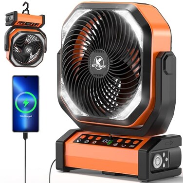 KITWLEMEN Camping Fan with Light 20000mAh Rechargeable Battery Tent Fan 112Hrs Max 8 Speeds Digital Display Timer Auto Oscillation 270 Pivot Hook for Garage RV Hurricane CoBranded with MORECORE