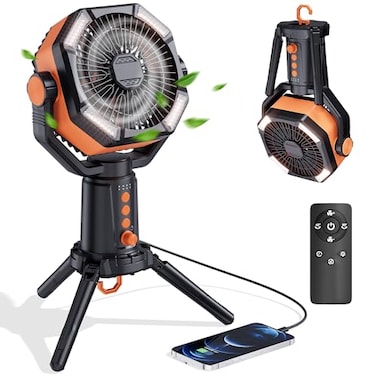 MORIKO Table Fans Tripod 20000mAh Rechargeable Battery Operated Portable Tent Fan with LED Lantern Remote Control Hook 270 Pivot Stepless SpeedIdeal for Camping Picnic Barbecue Jobsite