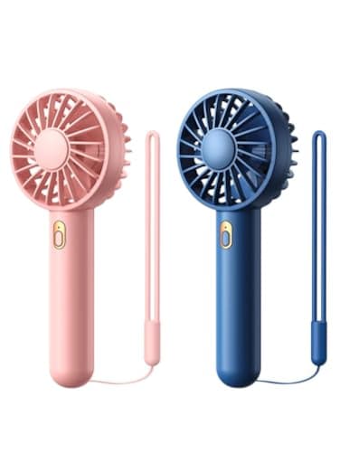 Warmco Mini Portable Fan 2Pack 3 Speed Rechargeable Handheld Desk Fan with Base Compact Cooling for Travel Makeup Summer Gift Blue Pink