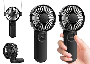 VanSmaGo 2packs Portable Handheld Fan Personal Hand Held Fan for Travel Foldable Eyelash Neck Fan with Digital Display Lanyard 5 Speeds 180 Adjustable 312h Working Time Rechargeable Battery Operated