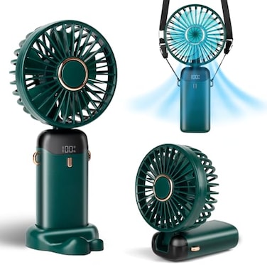 Aucoofany Portable Handheld Fan 12 hours Upgrade 3200mAh Mini Fan Handheld with LED Display 90 Foldable 5 Speed WindHand HeldNeckDesk 3 in 1 Hand Held Fans Makeup Fans for Women Green