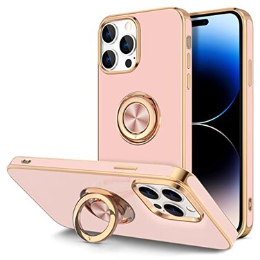 Hython for iPhone 14 Pro Max Case with Ring Stand 360 Rotatable Ring Holder Magnetic Kickstand Support Car Mount Plated Gold Edge Slim Soft TPU Luxury Protective Phone Case Cover Pink