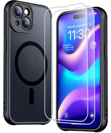 SPIDERCASE for iPhone 15 Plus Case Magnetic Translucent Matte Case with 2PCS Tempered Glass Screen Protector Slim Phone Case for iPhone 15 Plus 67 Black