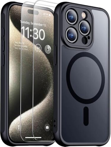 SPIDERCASE for iPhone 15 Pro Max Case Magnetic Translucent Matte Case with 2PCS Tempered Glass Screen Protector Slim Phone Case for iPhone 15 Pro Max 67 Black