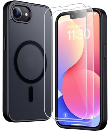 SPIDERCASE for iPhone 16e CaseiPhone 17e Case Magnetic Translucent Matte Case with 2PCS Tempered Glass Screen Protector Slim Phone Case for iPhone 16e17e 61 Black