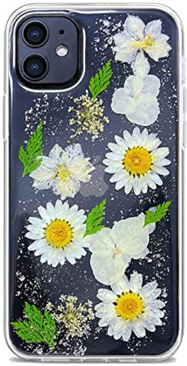 Abbery Designed for iPhone 11 Pressed Flower Case Cute Bling Glitter Sparkle Clear with Design Soft Silicone TPU Rubber Dried Real Flowers Floral Aesthetic Case for Women Girls White Daisy