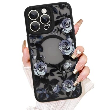 AIGOMARA for iPhone 16 Pro Max Case Compatible with MagSafe Cute Rose Flower Pattern with SemiTransparent Frosted Phone Case for Woman Gilrs Soft TPU and PC Back Protective Slim Phone Cover Black