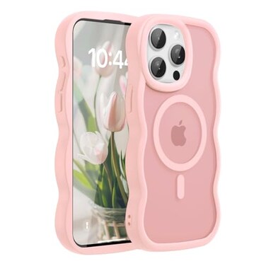 Amzfield Magnetic for iPhone 15 Pro Max Case Compatible with Magsafe Wavy Frame Cute Translucent Matte Hard Back Silicone Bumper Shockproof Phone Case for iPhone 15 Pro Max Women Girls Pink