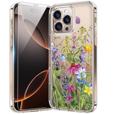bicol for iPhone 16 Pro Max Case with Screen Protector Enhanced Camera Protection Crystal Clear with Fashionable Designs for Girls Women Slim Fit Protective Phone Cover Blooming Flowers