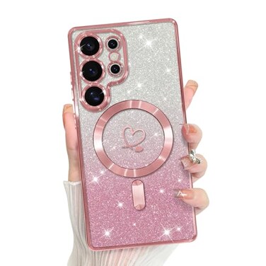 Bonoma Compatible with Samsung Galaxy S25 Ultra Case Support for MagSafe Plating Heart Glitter Magnetic Case TPU Camera Protection Back Cover for Phone Case Pink