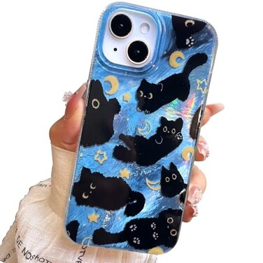 buccilly iPhone 1314 Case Black Cat Design Slim Silicone Bumper Case Wireless Charging Compatible