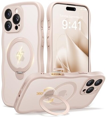 CAPRARO for iPhone 16 Pro Case with 360 Spin Magnetic Stand for Women Compatible with MagSafe Full Camera Protection Cute Wave Translucent Matte Case for iPhone 16 Pro Rose Gold