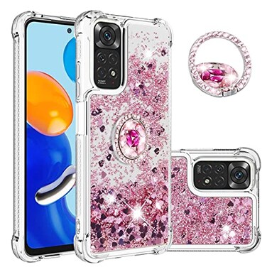 CCSmall for Xiaomi Redmi Note 11 4G Clear Glitter Case with Diamond Ring Holder for Women Soft TPU Bling Liquid Quicksand Sparkly Transparent Cover for Redmi Note 11 4GNote 11S 4G LSZ Rose Gold