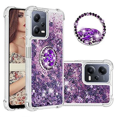CCSmall Glitter Clear Sparkly Bling Case for Xiaomi Redmi Note 12 5G Not 4G Flowing Liquid Quicksand Cover with Diamond Ring Holder Case for Xiaomi Redmi Note 12 5G Poco X5 LSZ Purple