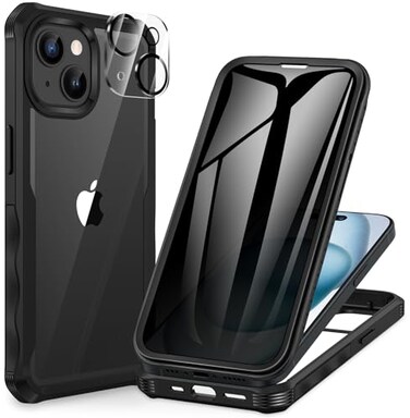 CENHUFO Privacy for iPhone 15 Case Full Body Phone Case with Builtin 9H Tempered Glass Privacy Screen Protector and Camera Lens Protector Anti Peep Spy Shockproof Bumper Clear Cover Black