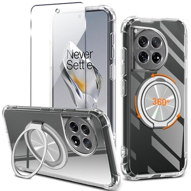 Nijiadi Compatible for OnePlus 12 5G 2024 Phone Case with Glass Screen Protector 360 Rotatable Ring Holder Kickstand Non Yellowing Transparent 4 Corners Shockproof Protective Phone Cover Case Clear