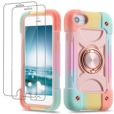 Cookiver for iPhone Se3iPhone Se2 CaseiPhone 66S CaseiPhone 7 CaseiPhone 8 Case 47 Inch with Ring Stand with 2 Pack Screen Protector HeavyDuty Military Grade Rugged Phone Case Rainbow Pink