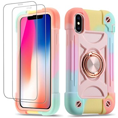 Cookiver for iPhone XiPhone Xs Case 58 Inch with Ring Stand with 2 Pack Glass Screen ProtectorHeavyDuty Shockproof Rugged Military Grade Cover with Magnetic Car Mount Rainbow Pink