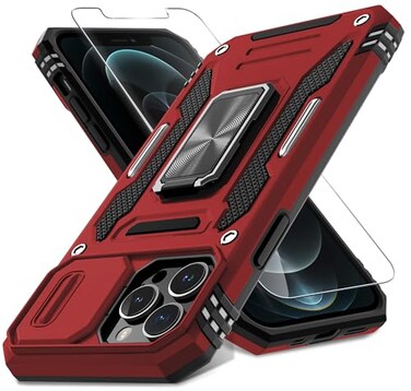 DEERLAMN Case for iPhone 13 Pro Max with Slide Camera CoverScreen Protector1 PackRotated Ring Kickstand Military Grade Shockproof Protective Cover 67 InchRed