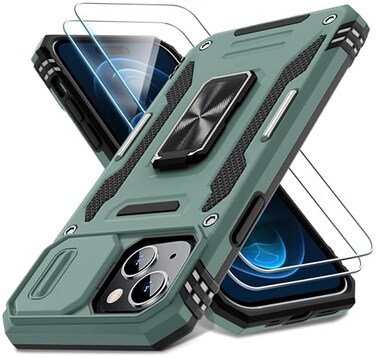 DEERLAMN Case for iPhone 15 with Slide Camera Cover Screen Protector 2 Packs Rotated Ring Kickstand Military Grade Shockproof Protective CoverGreen