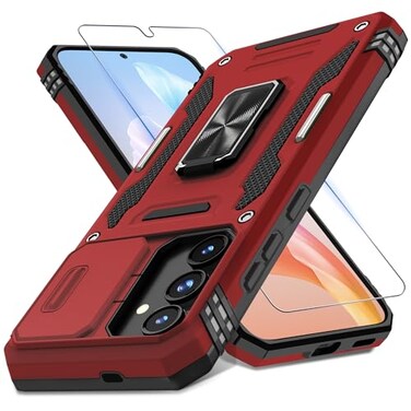 DEERLAMN Case for Samsung Galaxy S24 62Inch with Slide Camera CoverScreen Protector1 Pack Rotated Ring Kickstand Military Grade Shockproof Protective CoverRed