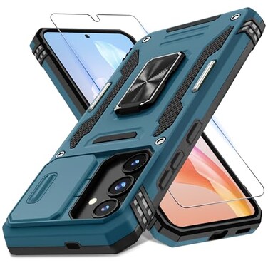 DEERLAMN Case for Samsung Galaxy S25 62Inch with Slide Camera CoverScreen Protector 1 Pack Rotated Ring Kickstand Military Grade Shockproof Protective CoverLight Blue