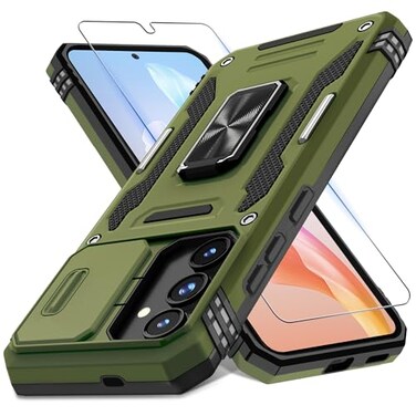 DEERLAMN Case for Samsung Galaxy S25 62Inch with Slide Camera CoverScreen Protector 1 Pack Rotated Ring Kickstand Military Grade Shockproof Protective CoverOlive Green