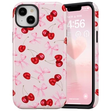 DEFBSC Case for iPhone 14 PlusiPhone 15 Plus Cute Pink Bow Cherry Print Aesthetic Trendy Pattern for Women Girls Durable Bumper Shockproof for iPhone 14 PlusiPhone 15 Plus Case Pink RibbonGlossy