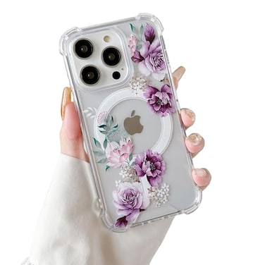 DEFBSC Magnetic Case for iPhone 14 Pro Max Work with Magsafe Clear Floral Flower Pattern Print Design Flexible Acrylic Shockproof Cover for Women GirlsFlower Protective Phone CasePurple Peony