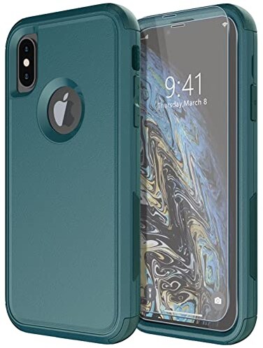 Diverbox for iPhone X CaseiPhone Xs Case Shockproof Dropproof Tempered Glass Screen Protector Heavy Duty Protection Phone Case Cover for Apple iPhone XXS Dark Green